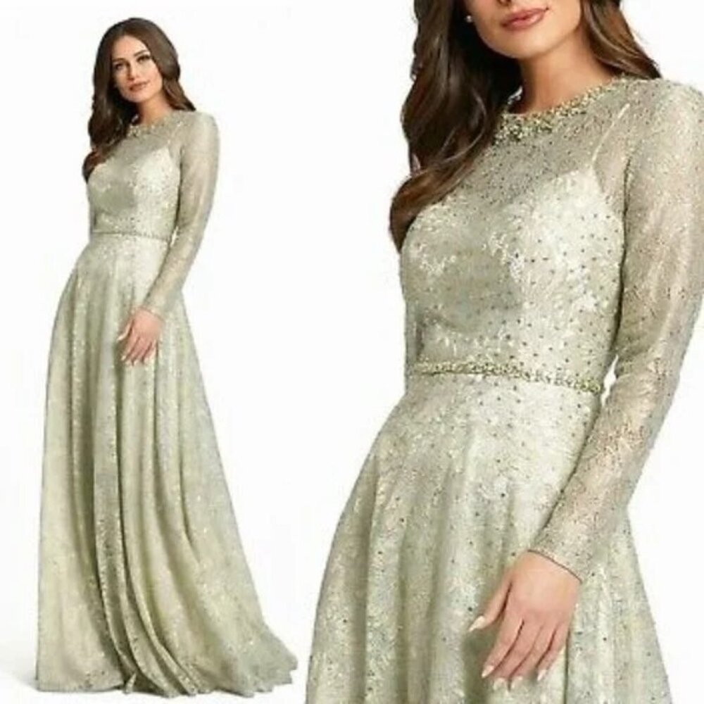 Mac Duggal 49188 Long Sleeve Floral Sequin Lace A-Line Gown Sage Green Size 4